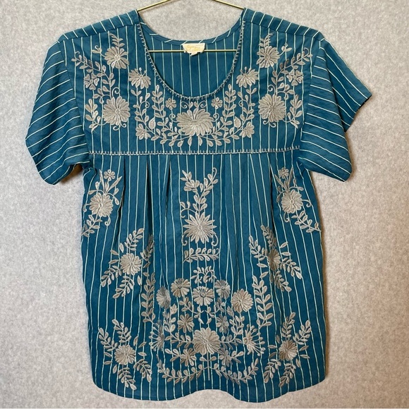 Layerz Clothing Babydoll Bohemian Floral Embroidered Teal/Gray Striped Top - Picture 1 of 5